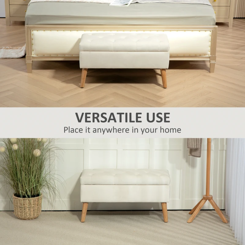 HOMCOM Storage Ottoman with Lid, Velvet Upholstered Storage Bench with Wood Legs for Living Room, Cream White