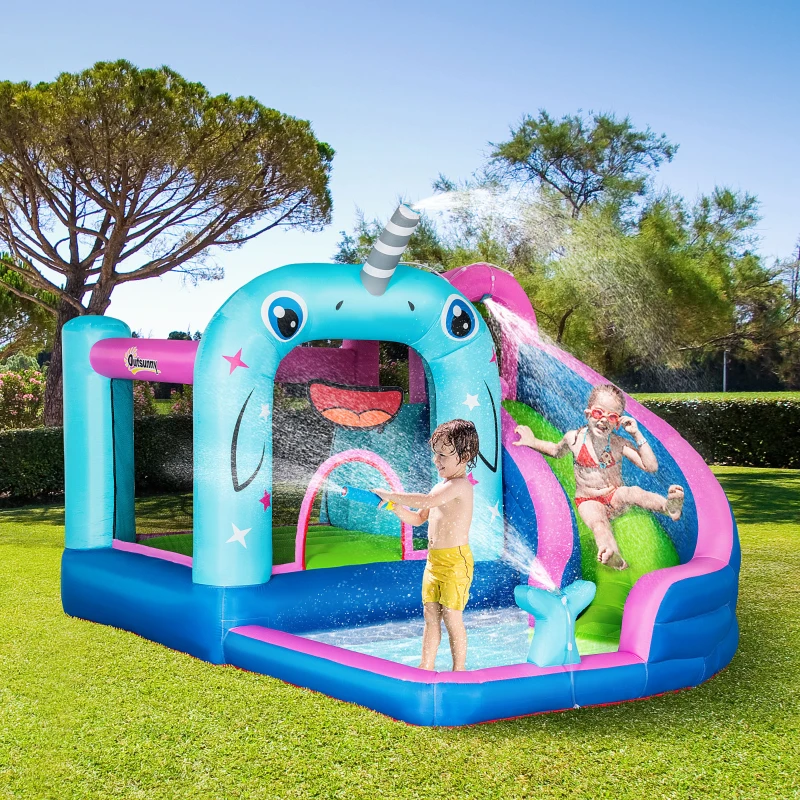Outsunny 5-in-1 Inflatable Water Slide, Narwhal Theme Bounce House with Climbing Wall, Water Cannon, Water Pool, Trampoline, Repair Patch and 450W Air Blower