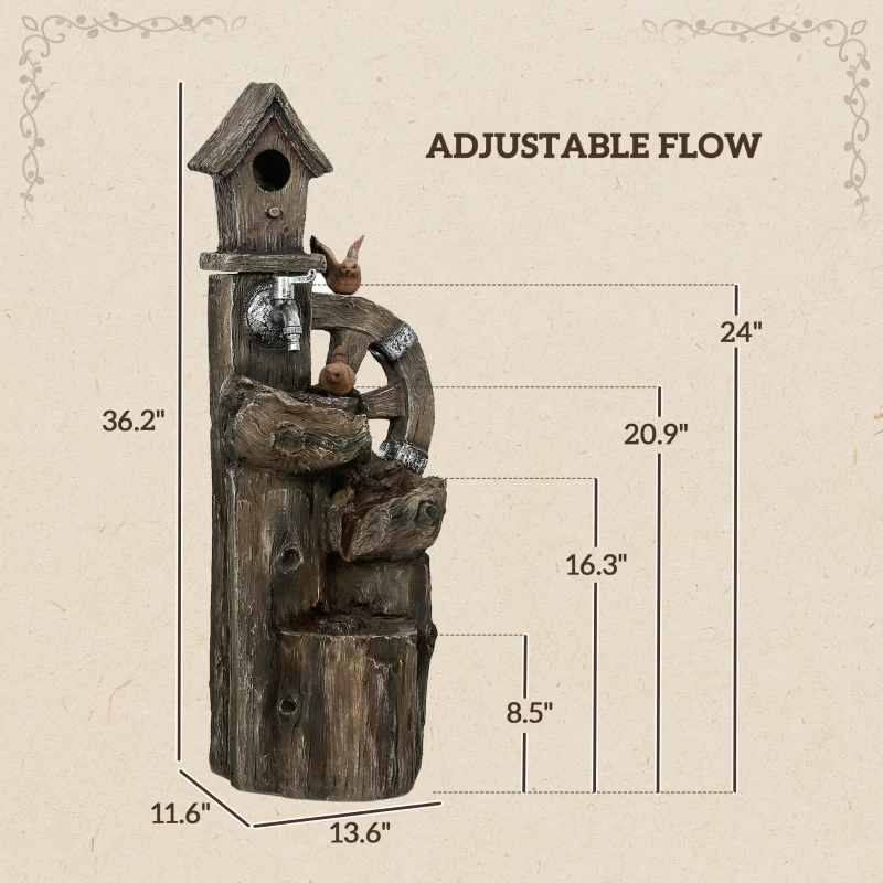 Outsunny Outdoor Water Fountain, Decorative Garden Birdhouse, 3-Tier Cascading Waterfall with LED Lights and Water Wheel