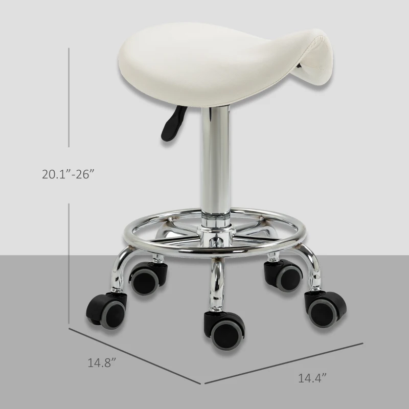 HOMCOM PU Leather Adjustable Stool, Rolling Saddle Stool with Wheels for Massage, Spa, Clinic, Beauty and Tattoo, White