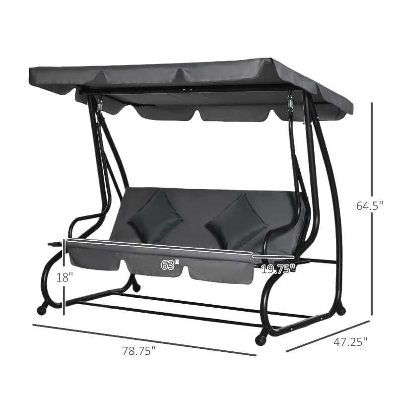Outsunny 3-Seat Outdoor Patio Swing Chair, Converting Flatbed, Outdoor Swing Glider with Adjustable Canopy, Removable Cushion and Pillows, for Porch, Garden, Poolside, Backyard, Gray