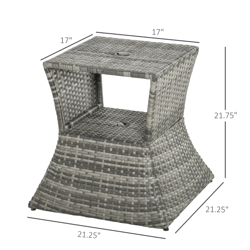 Outsunny Outdoor Side Table with Umbrella Hole, 2 Tier Rattan Wicker End Table with Storage Shelf, All Weather