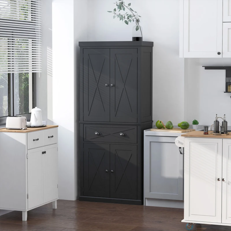 HOMCOM 6ft Wood Farmhouse Colonial Kitchen Pantry Cabinet, with 4 Adjustable Shelves, 2 Wood Pantries, & 1 Drawer, Black
