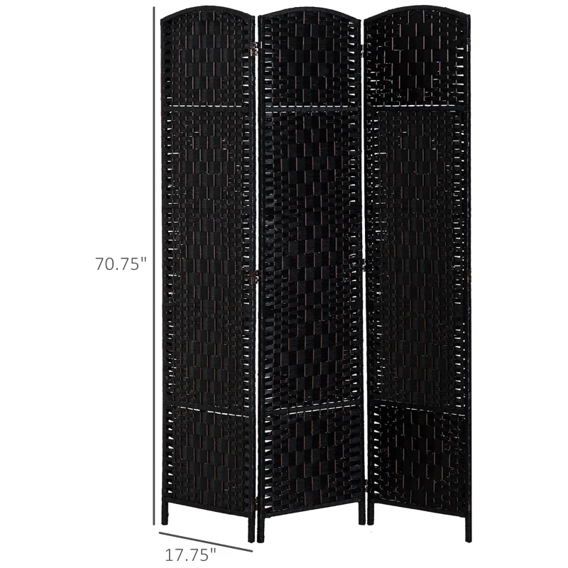 HOMCOM Room Divider 3 Panel, 6FT Tall Folding Privacy Screen, Freestanding Hand-Woven Partition for Room Separation with 360° Hinges, Paper Rope Diamond Weave, Black