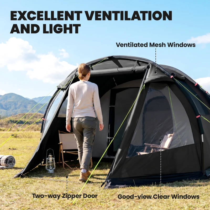 Outsunny 3-4 Person Easy Setup Cabin Tent with Two Room, Waterproof & UV30+ Camping Tent with Carrying Bag, Charcoal