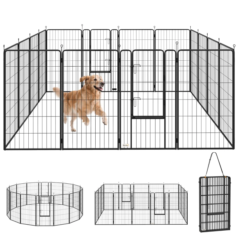 PawHut 16 Panels Dog Playpen with Strap, Portable & DIY, for Large Dogs, for Yard, RV, Camping, Garden, 47" Height