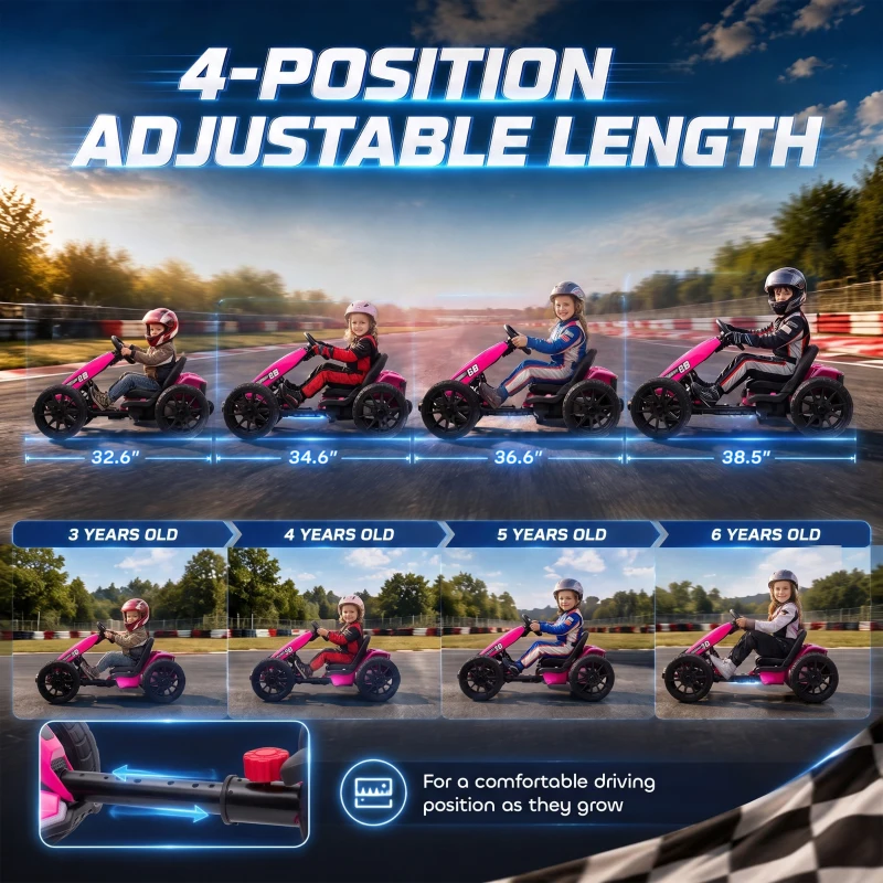Qaba 12V Electric Go Kart for Kids with Dual Motors, Adjustable Seat, Soft Start, LED Lights, EVA Wheels, for Age 3-6, Pink
