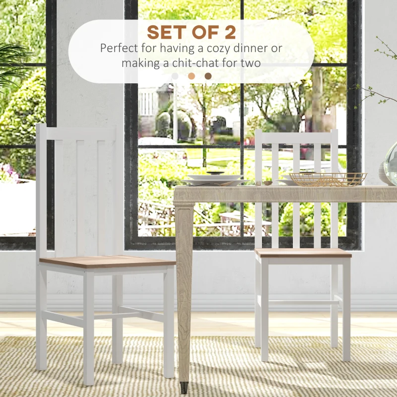 HOMCOM Farmhouse Dining Table Chairs, Set of 2 Pine Wood Kitchen Table Chairs with Slat Back for Living Room, Bedroom, White