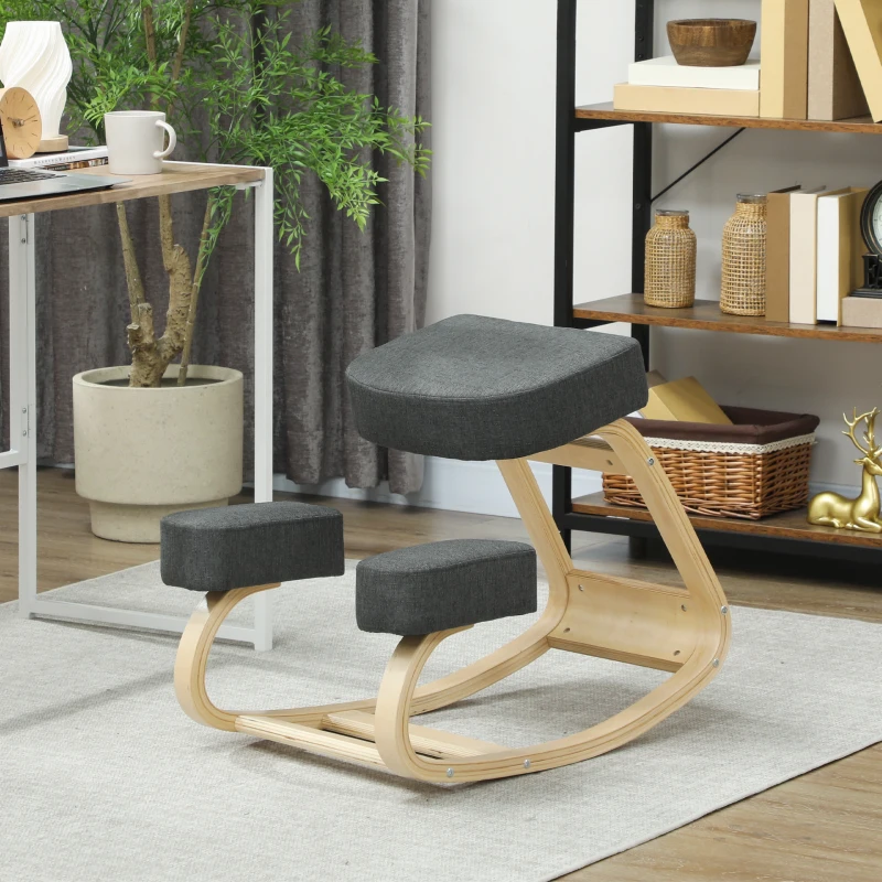 HOMCOM Ergonomic Kneeling Chair, Wood Kneel Stool with Thick Pads, Desk Knee Chair, Improve Posture, Dark Grey
