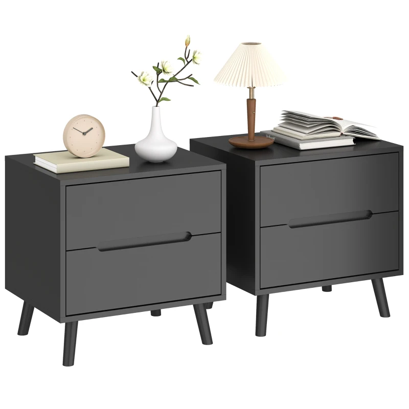 HOMCOM Nightstands Set of 2, Bedside Table with 2 Drawers, Modern Side End Table with Solid  Wood Legs for Bedroom, Black