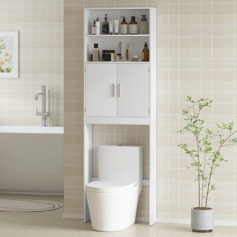 HOMCOM Over The Toilet Storage Shelf, Freestanding 4-Tier Bathroom Organizer with Adjustable Shelf and 2 Doors, White