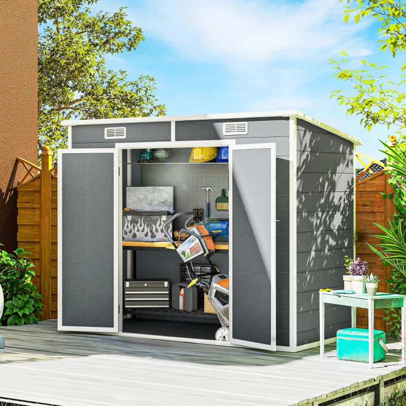 Outsunny 8' x 4' Plastic Outdoor Storage Shed with Floor, Window, Lockable Doors and Vents for Backyard Patio Lawn, Gray(m-2)