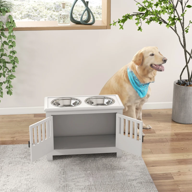 PawHut Dog Food Storage Cabinet with Bowls & Dog Feeding Station, White