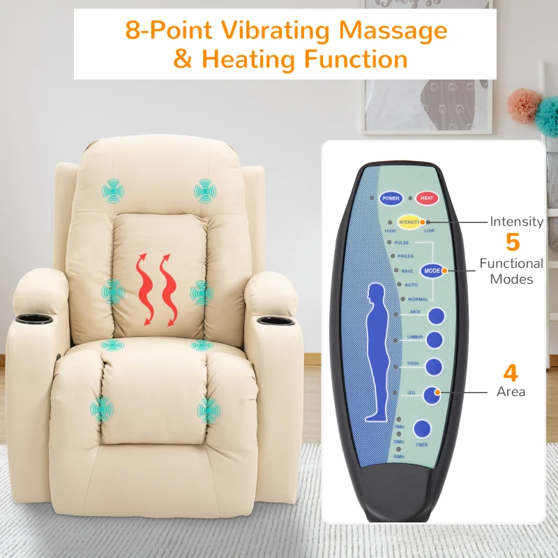 HOMCOM Vibration Massage Recliner Chair for Living Room with Heat,  Swivel Single Sofa, Modern PU Leather Manual Reclining Chair with Footrest, Cream White