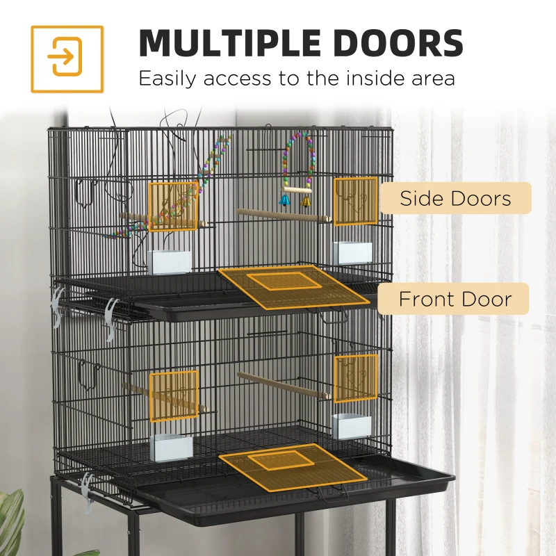 PawHut 65" Birdcage for Canaries, Lovebirds Finches, Budgie Cage with Wheels, Black