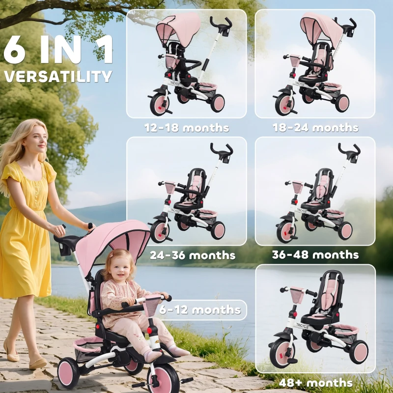 Qaba 6 in 1 Kids Tricycle with Adjustable Push Handle, Removable Canopy, Reversible Seat, for 1-5 Years, Pink