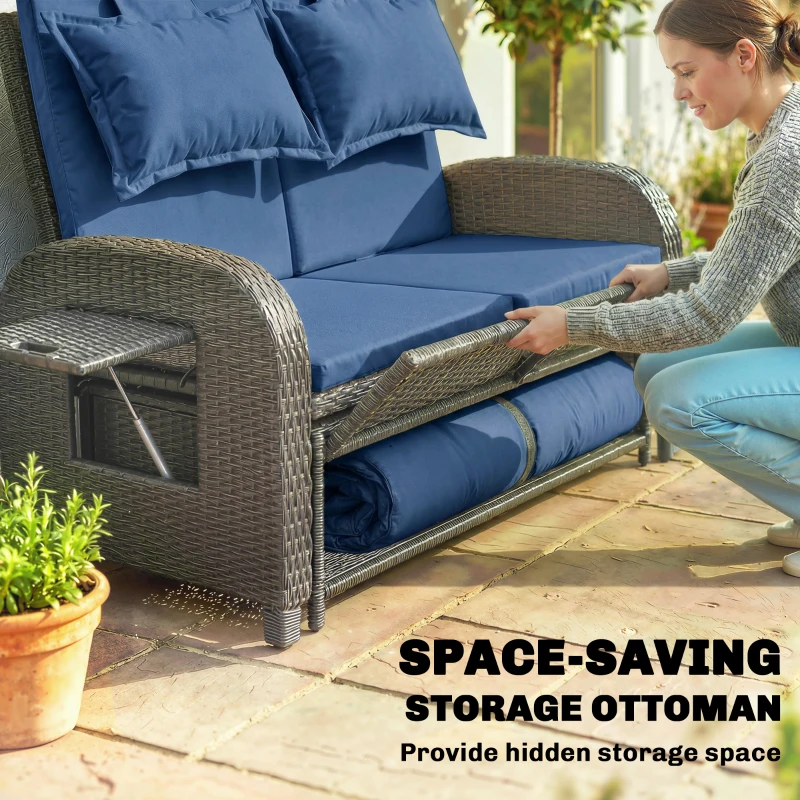 Outsunny Patio Rattan Daybed, Wicker Outdoor Daybed with Storage Ottoman, Loveseat w/ Adjustable Backrest, Navy Blue