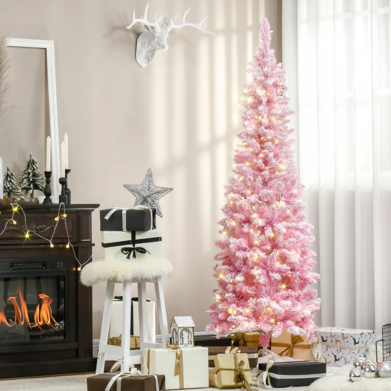 HOMCOM 6ft Prelit Snow Flocked Artificial Christmas Tree with Pencil Shape, Pine Realistic Branches, Pink and White