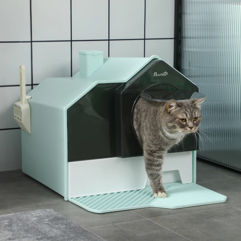 PawHut Hooded Cat Litter Box w/ Litter Mat, Litter Particle Catching, Light Blue