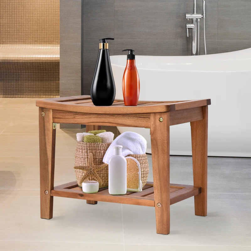 HOMCOM Acacia Wood Shower Bench Seat with Towel Shelf, 2-Tier Bathroom Spa Bathing Stool