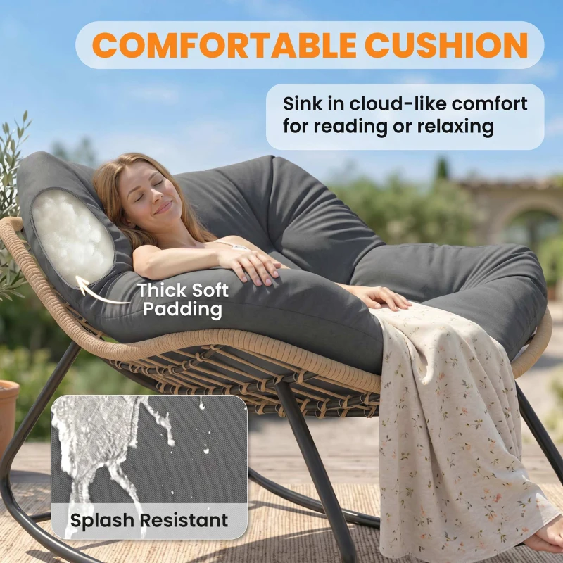 Outsunny Indoor Outdoor Papasan Rocking Chair, Oversized Rocking Egg Chair with Cushion for Garden, Patio, Dark Gray