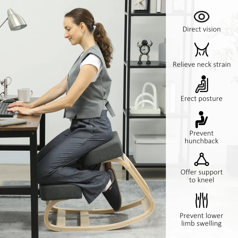 HOMCOM Ergonomic Kneeling Chair, Wood Kneel Stool with Thick Pads, Desk Knee Chair, Improve Posture, Dark Grey