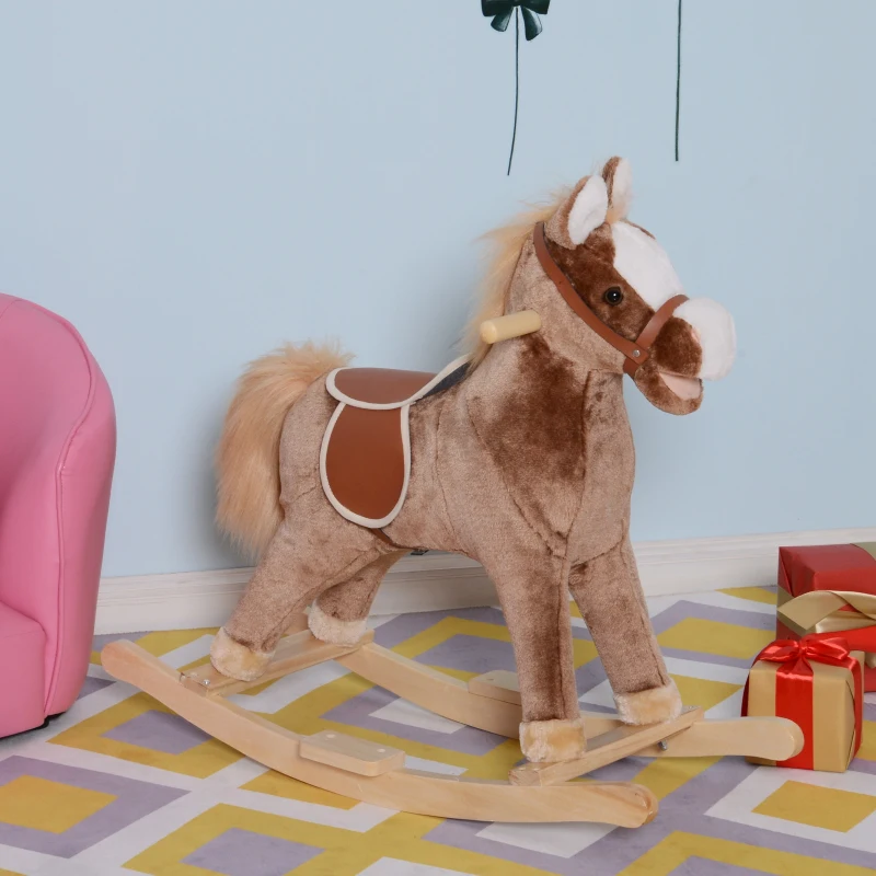 Qaba Kids Rocking Horse Plush Toddler Rocker Wooden Base Ride On Toy