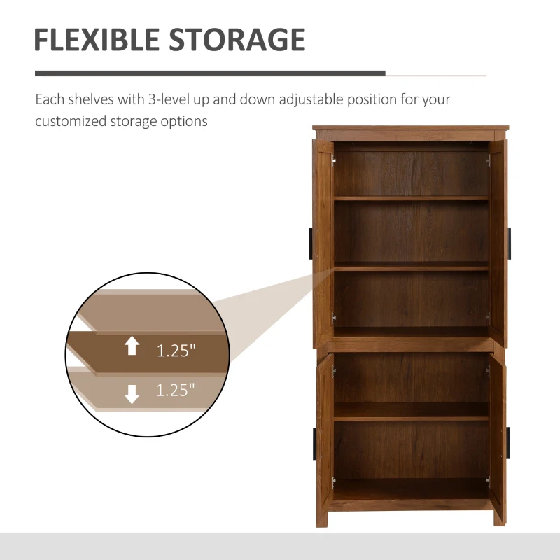 HOMCOM 64" 4-Door Kitchen Pantry, Freestanding Storage Cabinet with 3 Adjustable Shelves for Kitchen, Oak