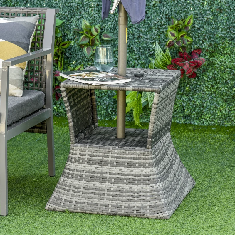 Outsunny Outdoor Side Table with Umbrella Hole, 2 Tier Rattan Wicker End Table with Storage Shelf, All Weather