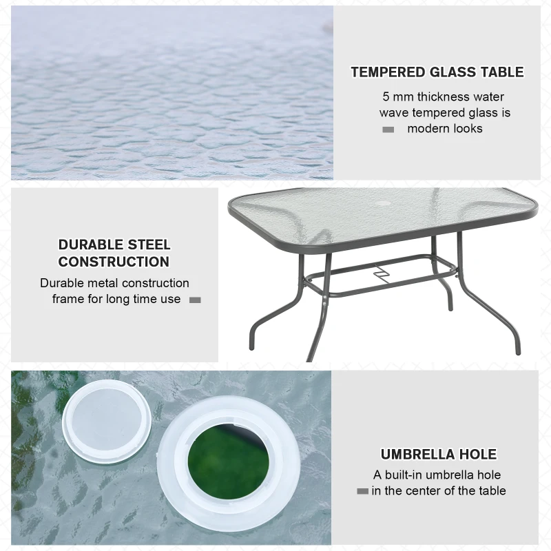 Outsunny Metal Garden Dining Table with Umbrella Hole, Outdoor Patio Table with Tempered Glass Top, 47.25" x 31.5"