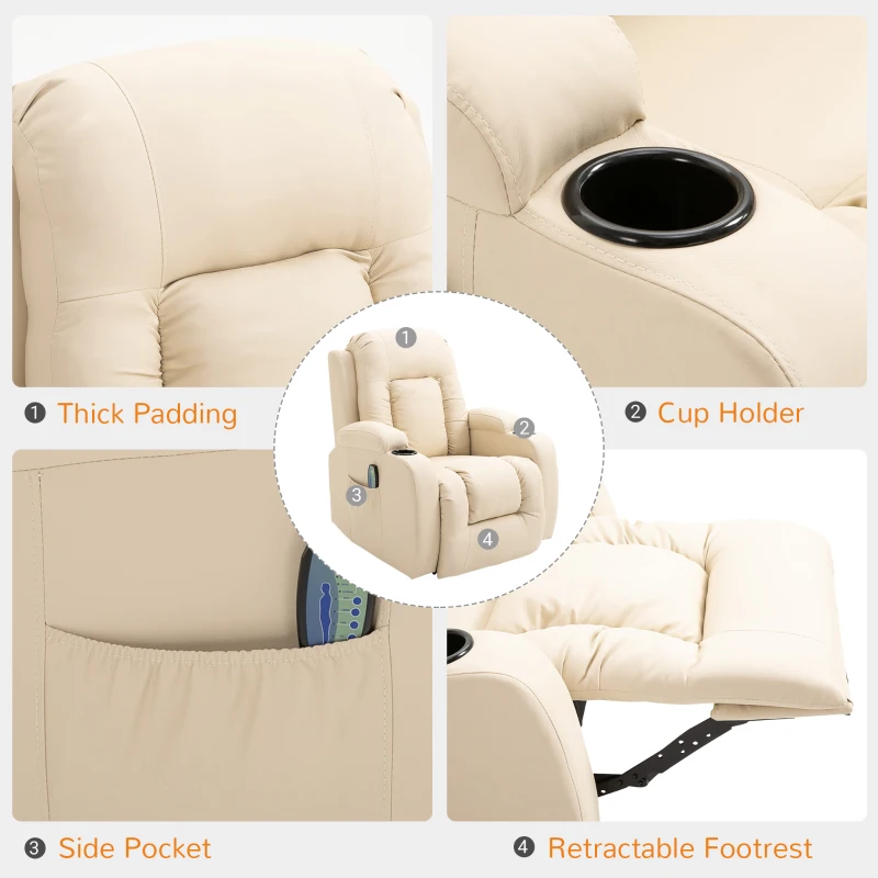 HOMCOM Vibration Massage Recliner Chair for Living Room with Heat,  Swivel Single Sofa, Modern PU Leather Manual Reclining Chair with Footrest, Cream White