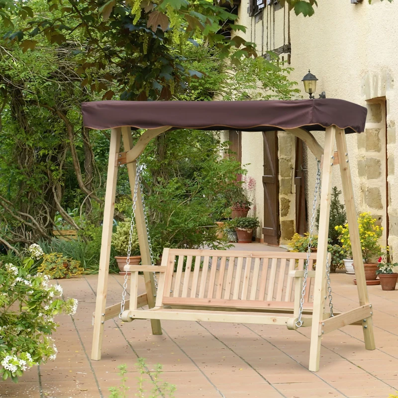 Outsunny Wooden Porch Swing Bench, 2-Seater Outdoor Swing Glider with Adjustable Canopy, Adjustable Hanging Chains, A-Frame, for Garden, Poolside, Backyard, Brown