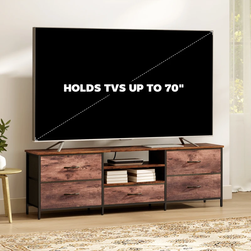 HOMCOM TV Stand for TVs up to 70 Inch, Industrial TV Console with Charging Station, 5 Drawers and Open Shelves, Rustic Brown