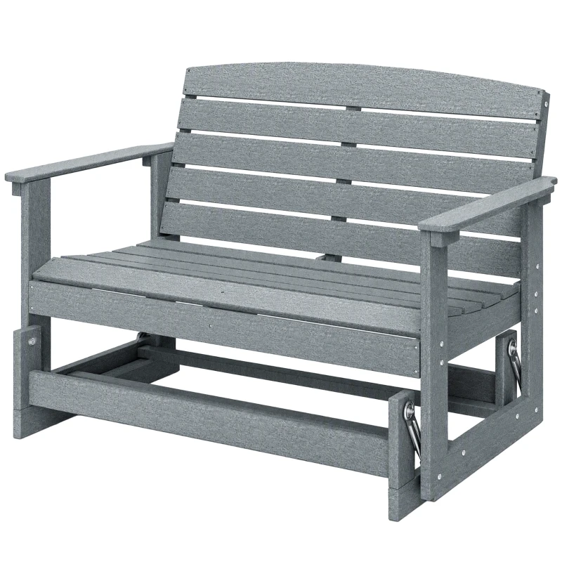Outsunny Patio Glider Bench w/ HDPE Slatted Double Rocking Chair, Light Gray