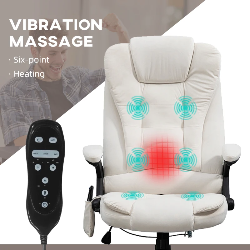 Vinsetto 6 Point Executive Office Chair with Heat, Velvet High Back Vibrating Massage Office Chair, Cream White