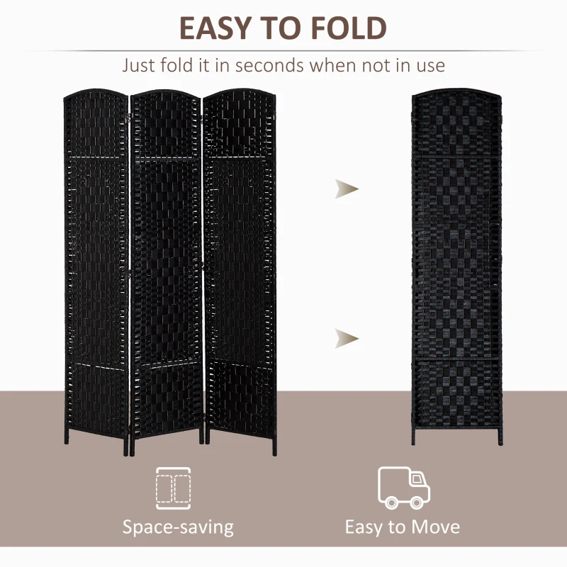 HOMCOM Room Divider 3 Panel, 6FT Tall Folding Privacy Screen, Freestanding Hand-Woven Partition for Room Separation with 360° Hinges, Paper Rope Diamond Weave, Black