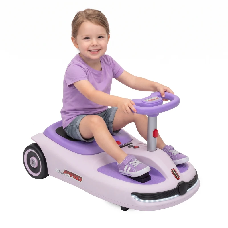 Qaba 12V Electric Wiggle Car with Convertible Steering Wheel Pull Handle, 2 Speed, Music, Lights for 3-5 Years, Purple