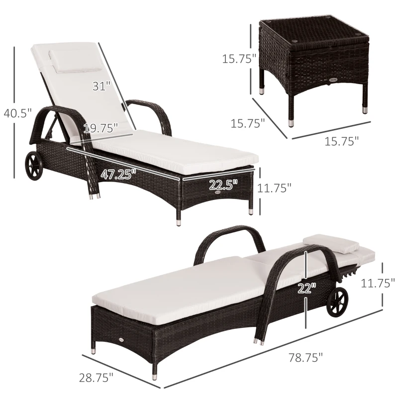 Outsunny Wicker Outdoor Chaise Lounge Chair Set of 3 with Side Table, 5-Level Adjustable Backrest PE Rattan Pool Lounge Chair with Wheels, Cushion & Headrest, Brown and Cream White