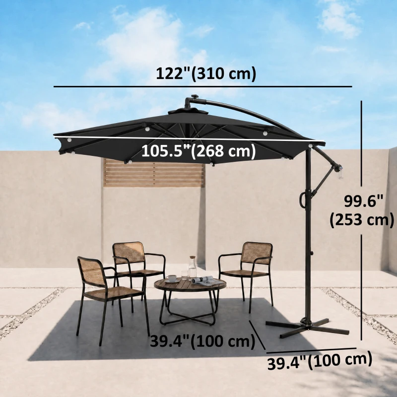 Outsunny 8.8FT Cantilever Patio Umbrella with Solar Powered LED Lights, Crank Handle, Cross Base for Outdoor Sun Shade, Grey
