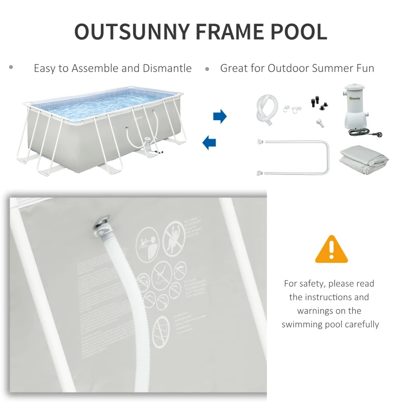 Outsunny 14' x 8' x 4' Above Ground Swimming Pool, Rectangular Steel Frame, Non-Inflatable, Filter Pump, Light Grey
