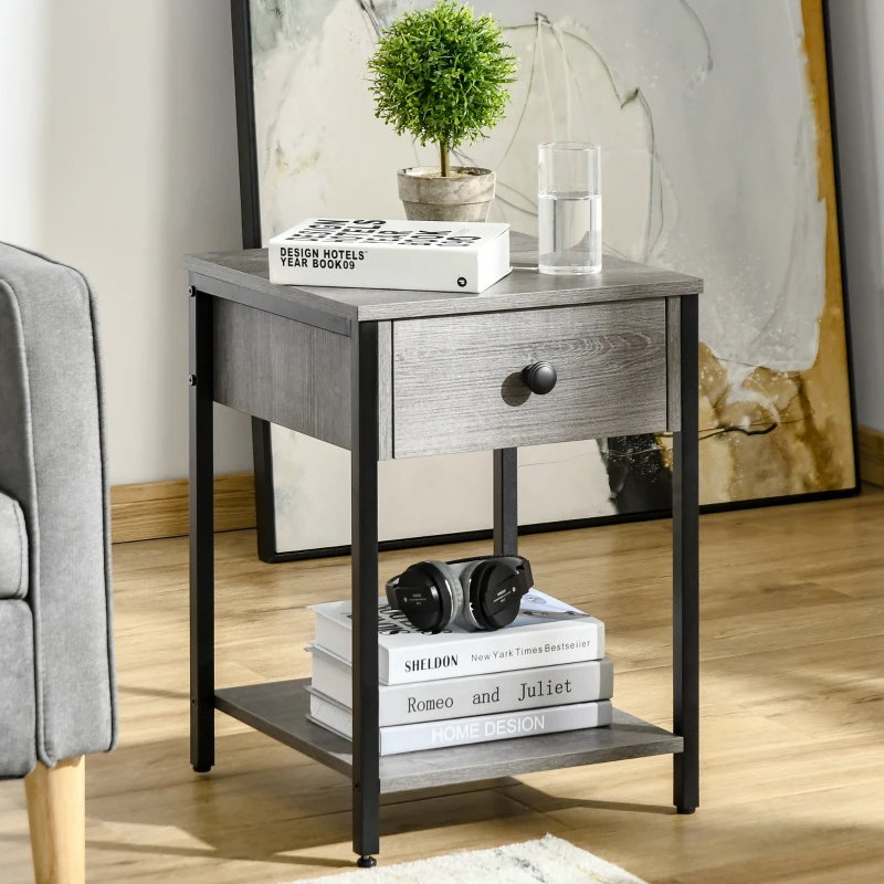 HOMCOM Industrial Side Table, End Table with Drawer and Storage Shelf for Living Room, Gray