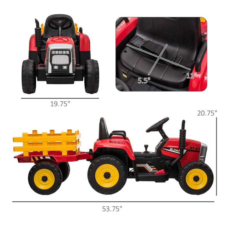 Aosom 12V Electric Ride on Tractor with Trailer, 25W Dual Motors, Red(m-3)