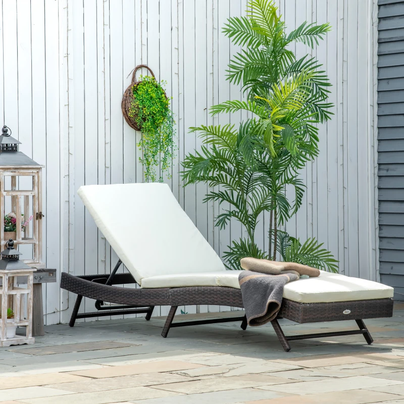Outsunny Patio Chaise Lounge, Pool Chair with 5 Position Adjustable Backrest & Cushion, Outdoor PE Rattan Wicker Sun Tanning Seat, 78.75" x 24.75" x 35", Brown