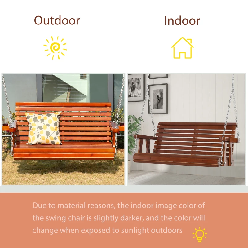 Outsunny 2 Seater Porch Swing Wooden Patio Swing Chair with Cup Holder and Chains Outdoor Swing Bench for Garden Yard, Brown
