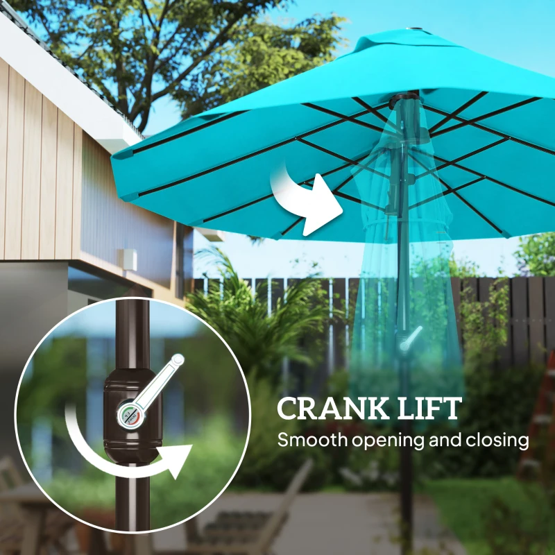 Outsunny Patio Umbrella, 15' Steel Rectangular Outdoor Double Sided Market Umbrella with Base, Sun Protection & Easy Crank, Blue