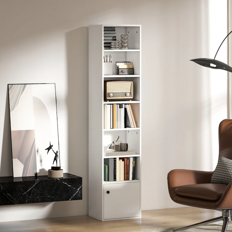 HOMCOM 7-Tier Bookcase, Display Shelf Unit with Adjustable Shelf and Cabinet, White