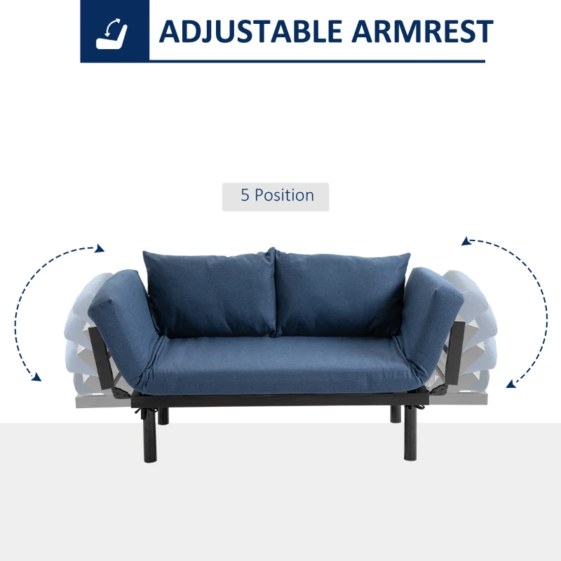 HOMCOM Single Person Chaise Lounger, Modern Sofa Bed with 5 Adjustable Positions, 2 Large Pillows, and Birch Legs, Blue