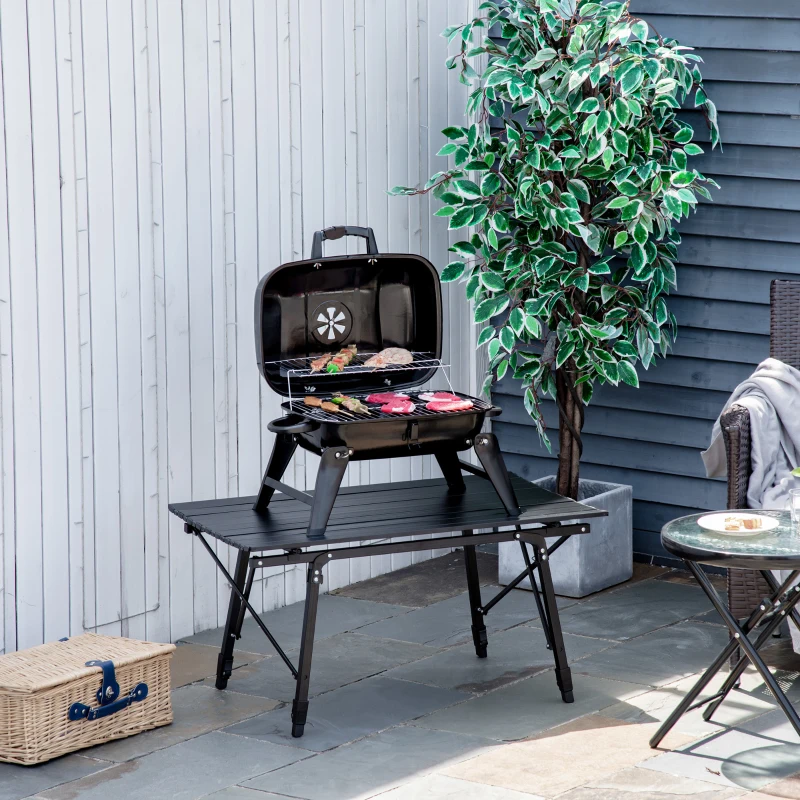 Outsunny 14" Portable Grill, Small Charcoal Grill for Outdoor Cooking, BBQ, Camping, Enamel Coated, Folding Legs, Black