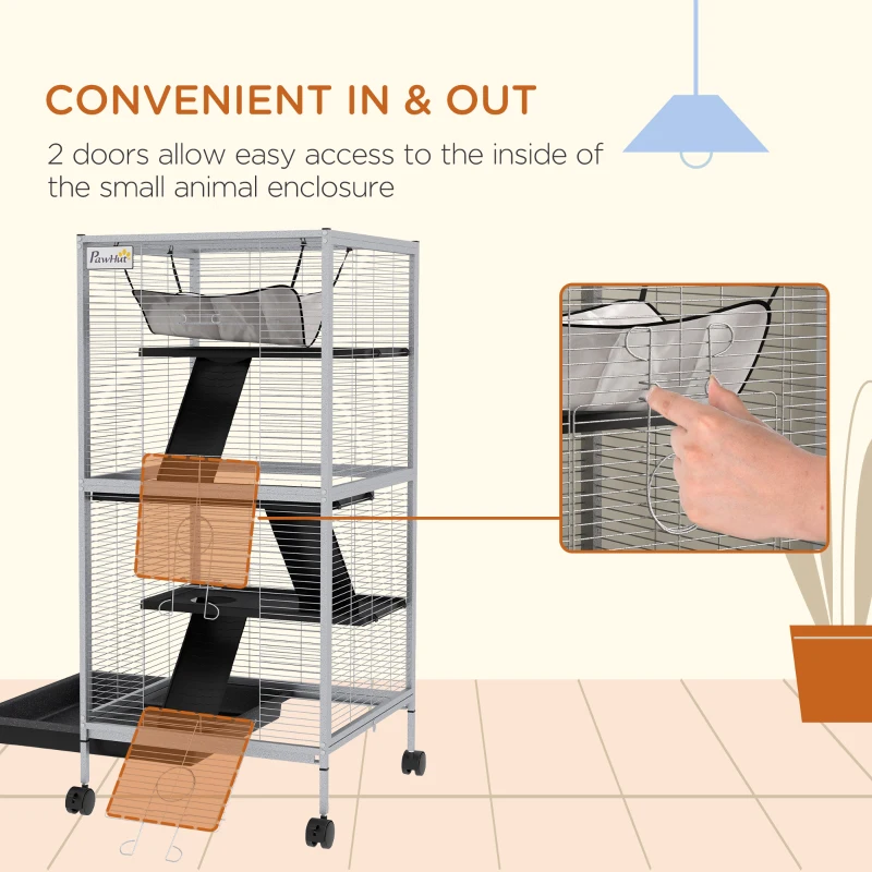 PawHut 45" H Rolling Small Animal Cage with Hammock, Ferret Cage, Chinchilla Cage, Pet Habitat with 6 Doors, Removable Tray