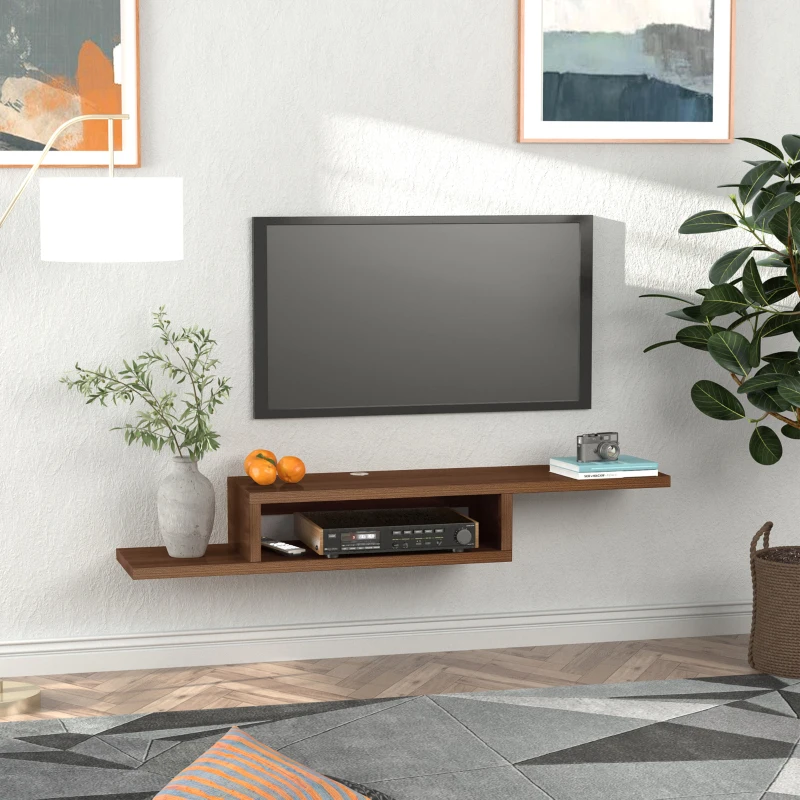 HOMCOM Wall Mounted Media Console, Floating Stand Component Shelf, Entertainment Center Unit, Walnut